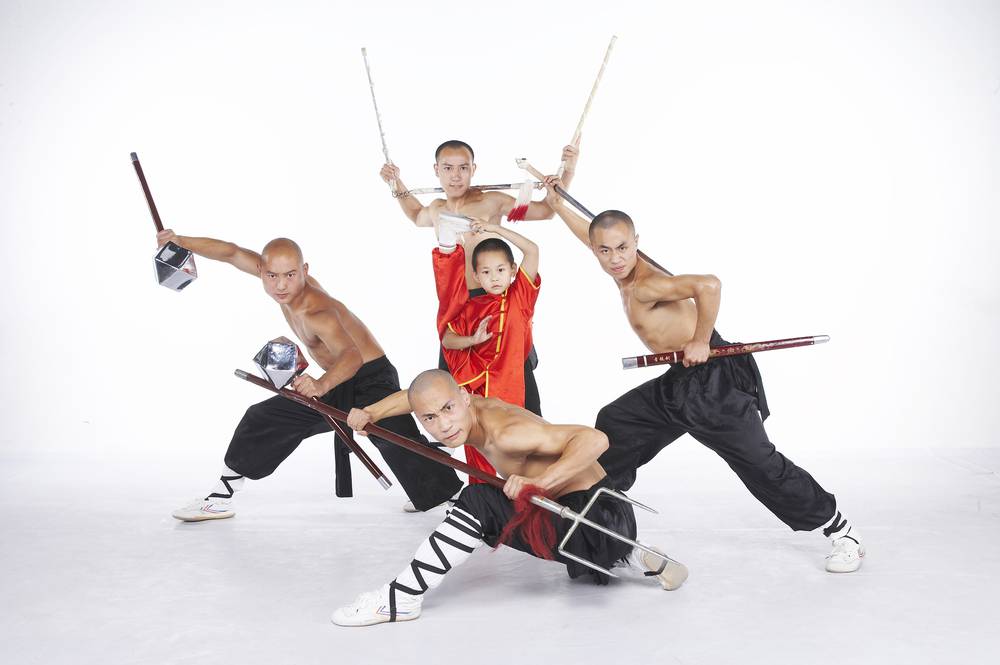 Chinese martial artists taking a pose with Chinese Martial Arts Weapons