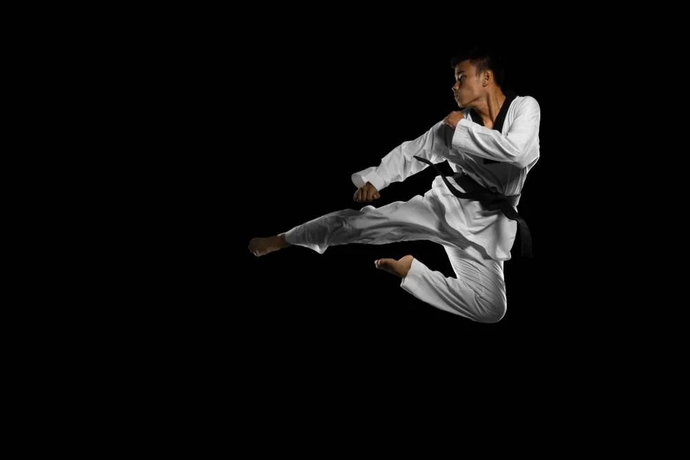 taekwondo player flying kick